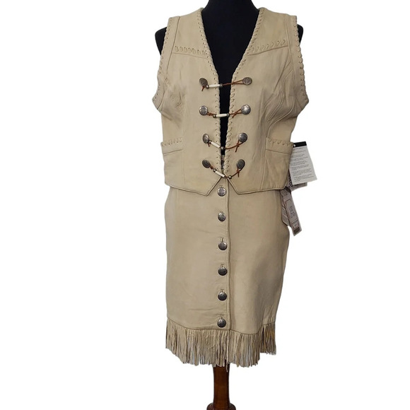 Pioneer Wear Vintage NOS Cream Leather Button Down Front Fringed A-Line Skirt‎ - Picture 15 of 16